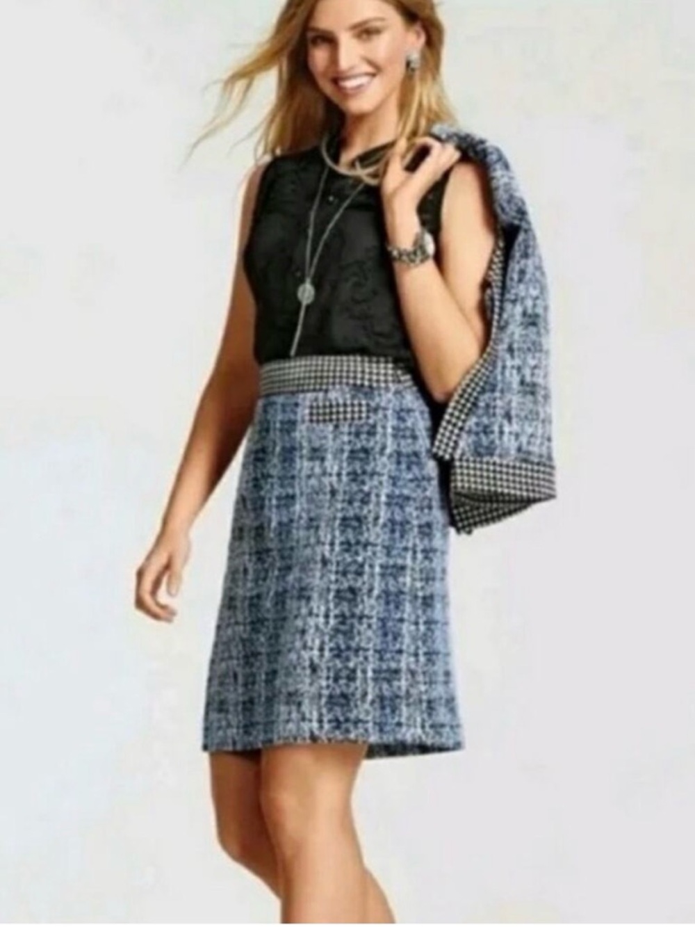 Cabi Womens 5320 Reina 21 Club Tweed A Line Skirt Size 10 Blue Black Career